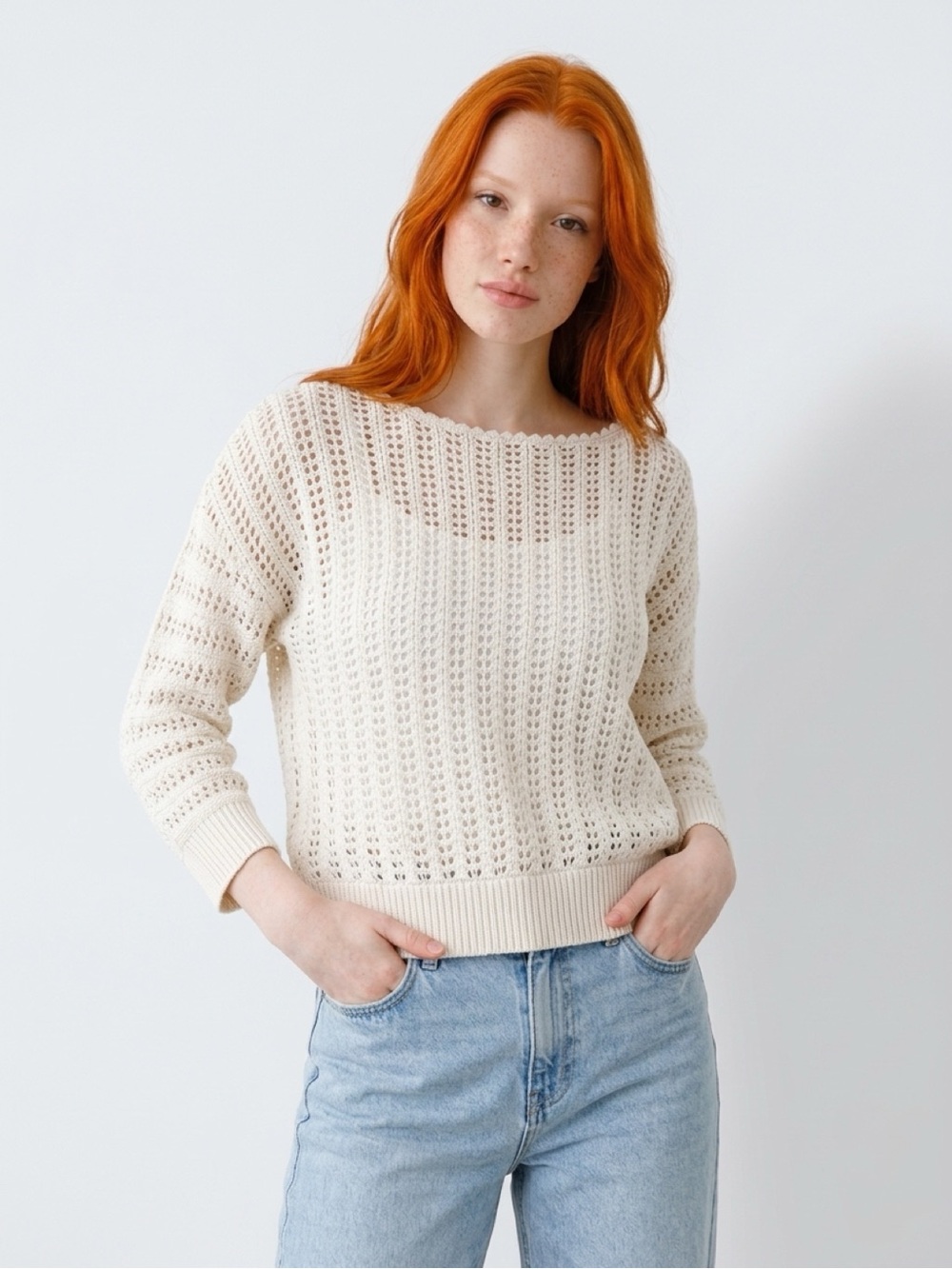 Free People Women’s Open-Knit scalloped Sweater in Cream. Estimated size small
